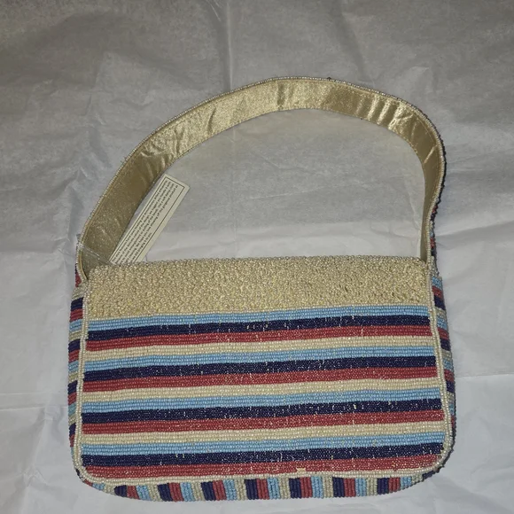 T.J.Maxx Beaded Beige Shoulder Bag with Colorful Travel Patches - Picture 4 of 4